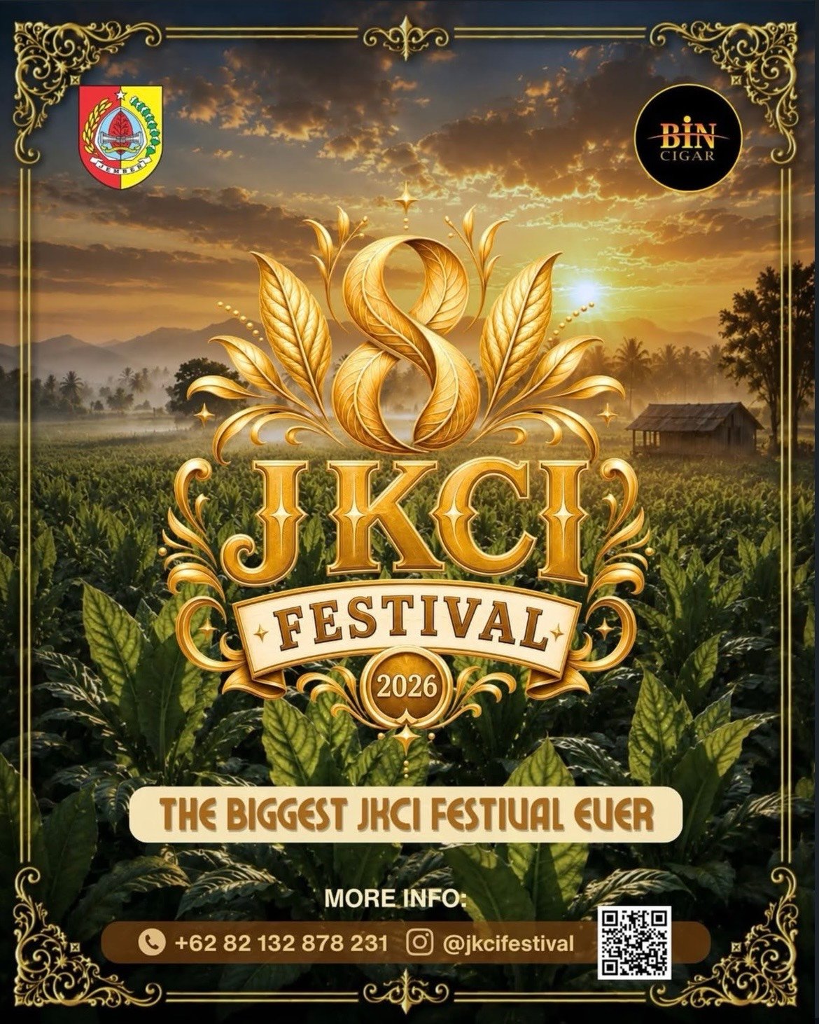 JKCI Festival 2026 poster with tobacco field, sunset, gold text.