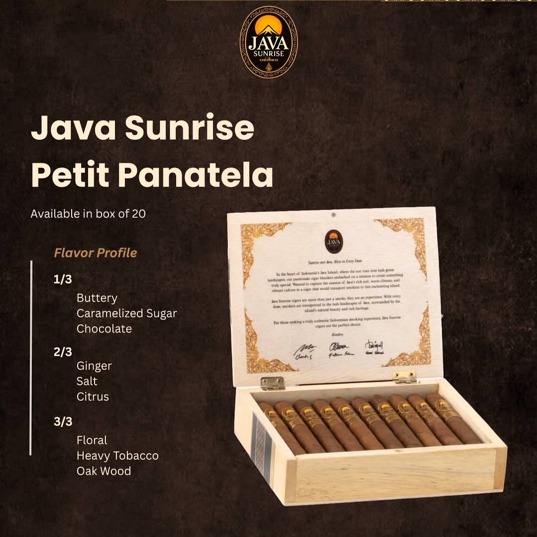 Open box of Java Sunrise Petit Panatela cigars, 20 count.
