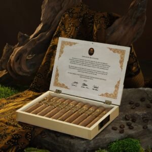 Java Sunrise cigars in open wooden box, rustic setting.